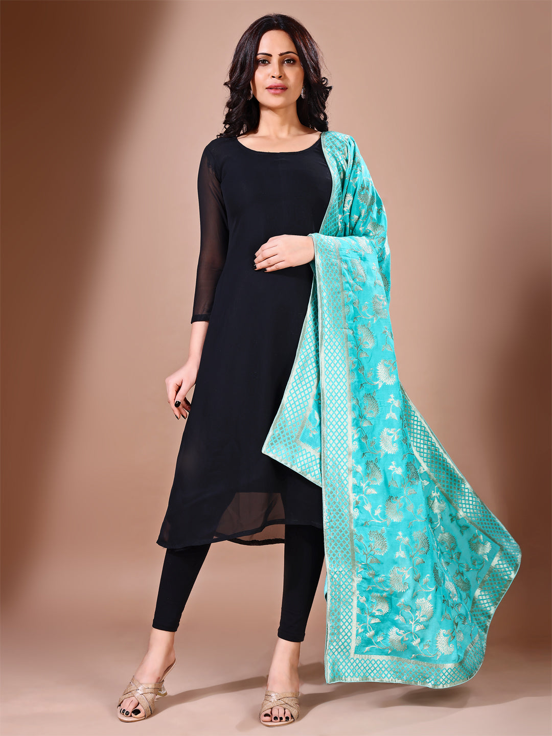 Side pose showcasing the blue bridal dupatta, designed for weddings and special occasions.