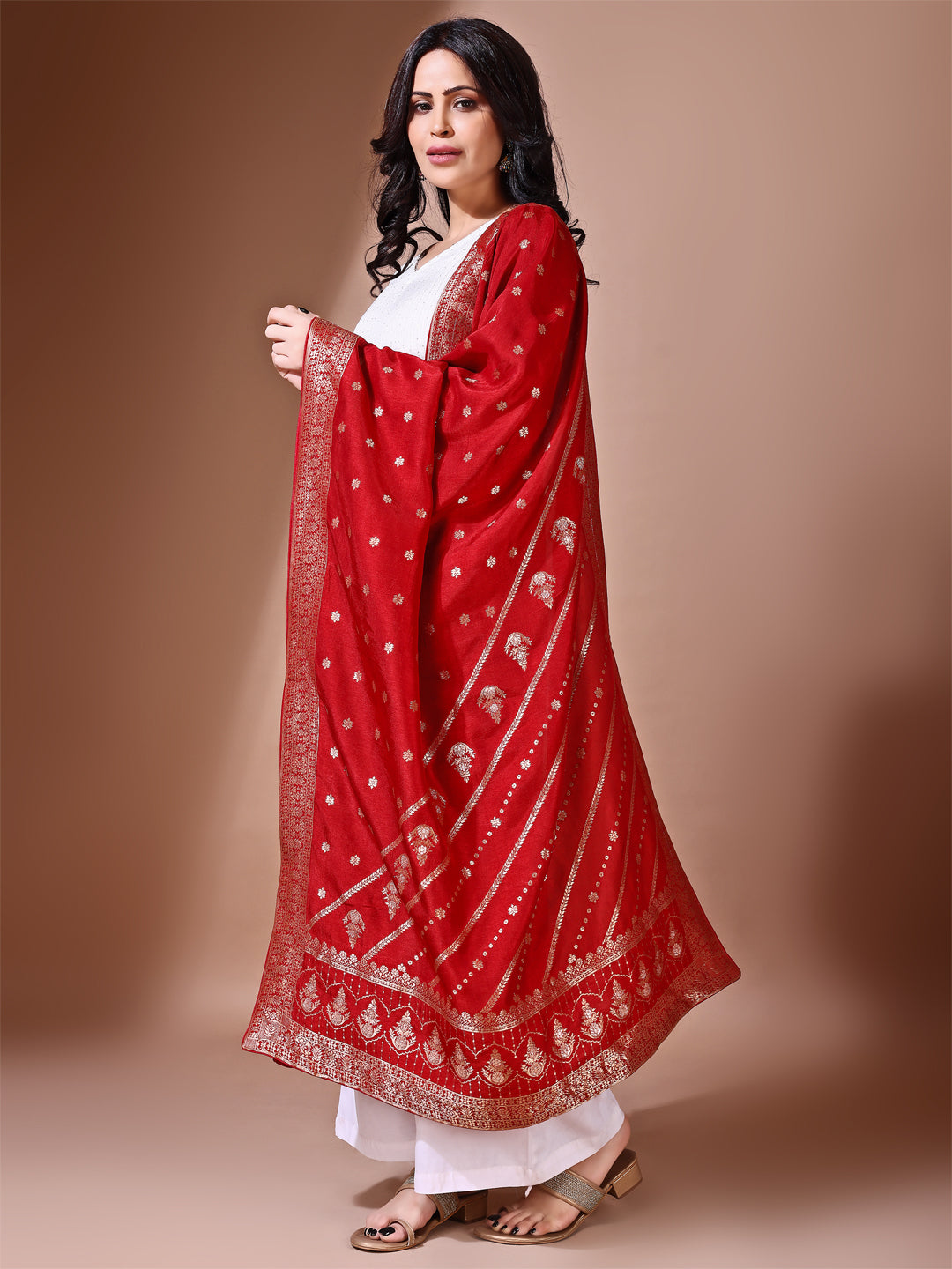 Side pose showcasing the cherry bridal dupatta, designed for weddings and special occasions.