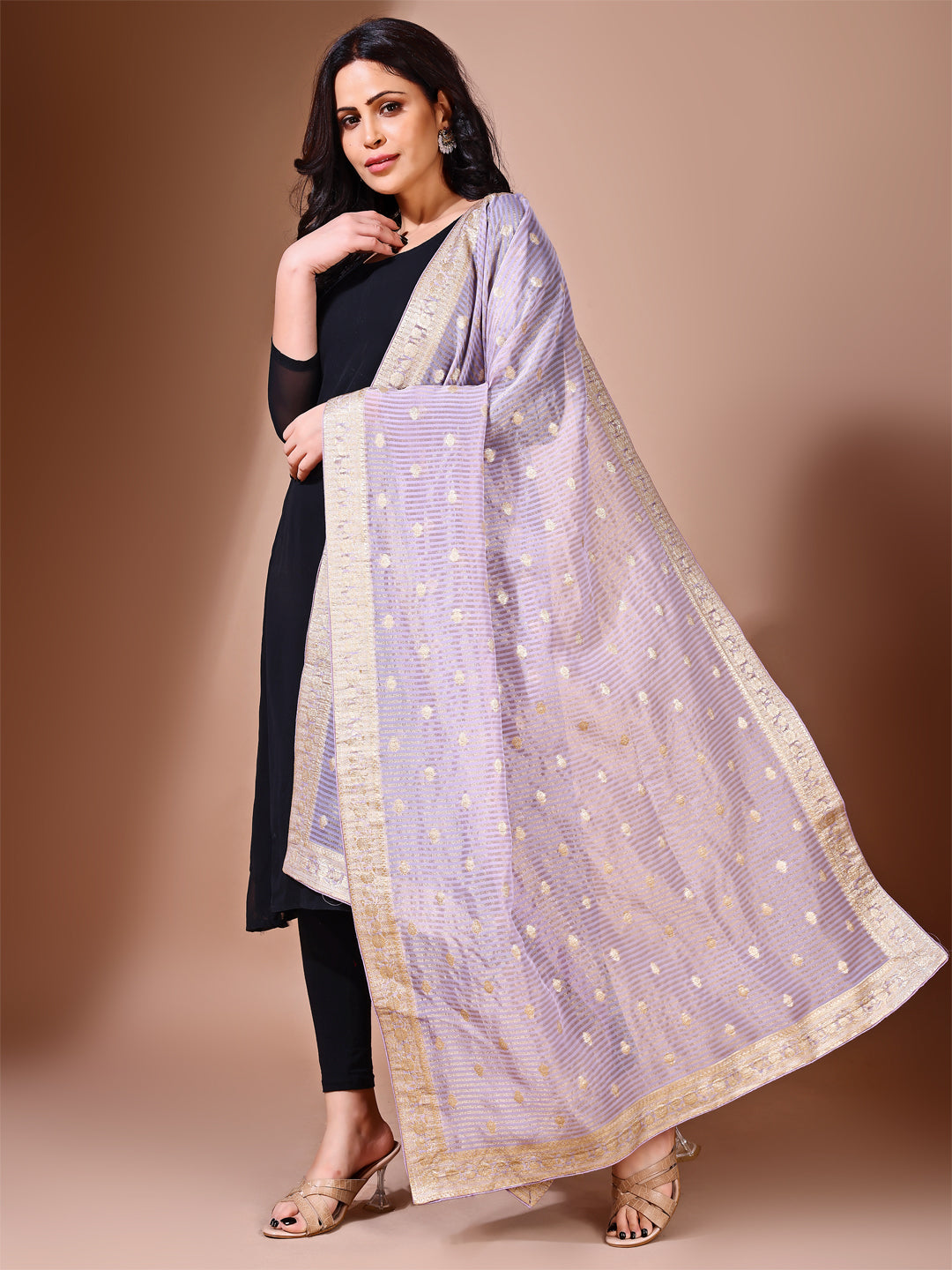 Back view of model wearing lavender bridal Banarasi dupatta, perfect for weddings.