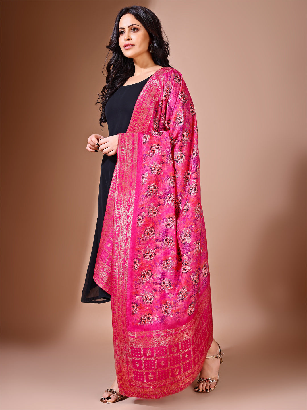 Side pose showcasing the pink bridal dupatta, designed for weddings and special occasions.