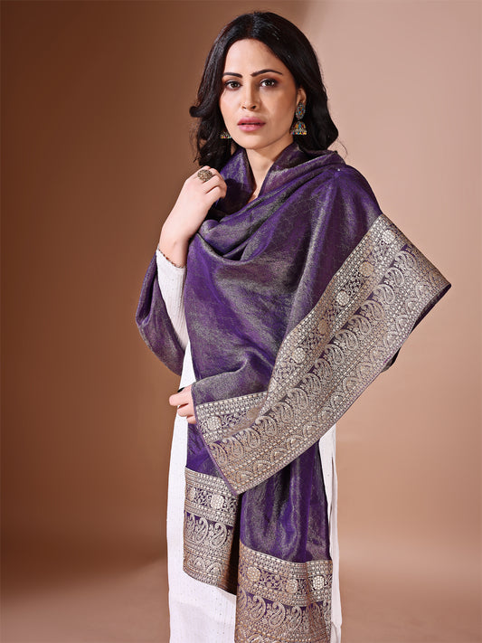 Front view of plum Banarasi bridal dupatta, ideal for wedding ceremonies.