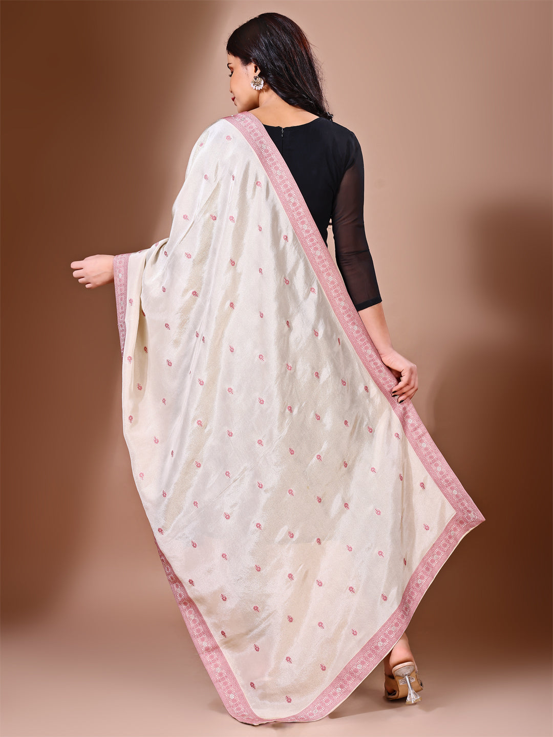 Model in a fancy pose wearing a plumbary Banarasi bridal dupatta, ideal for wedding wear.