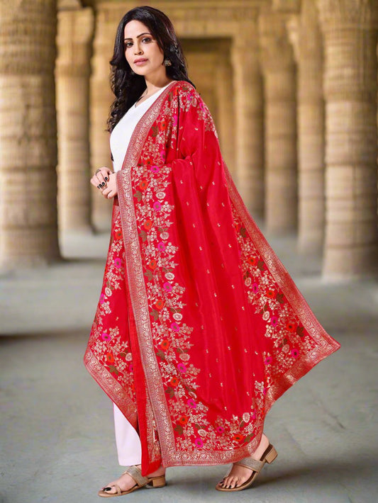 Front view of red Banarasi bridal dupatta, ideal for wedding ceremonies.