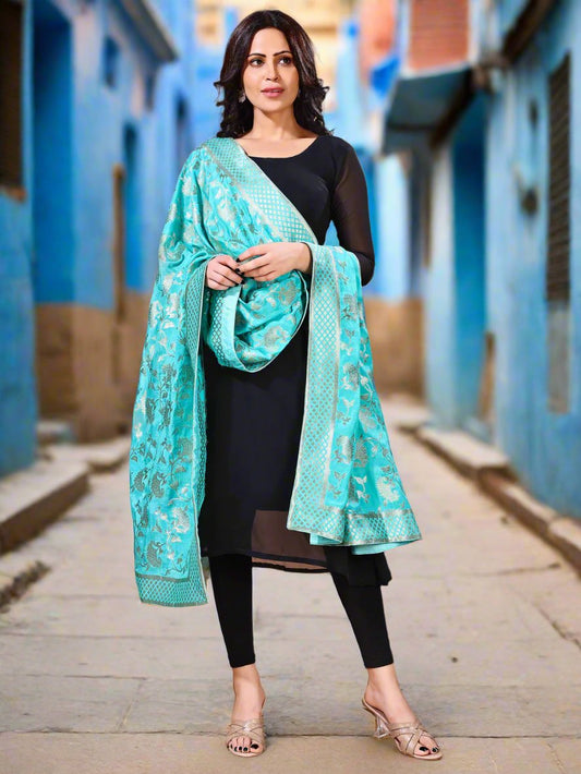 Back view of model wearing blue bridal Banarasi dupatta, perfect for weddings.