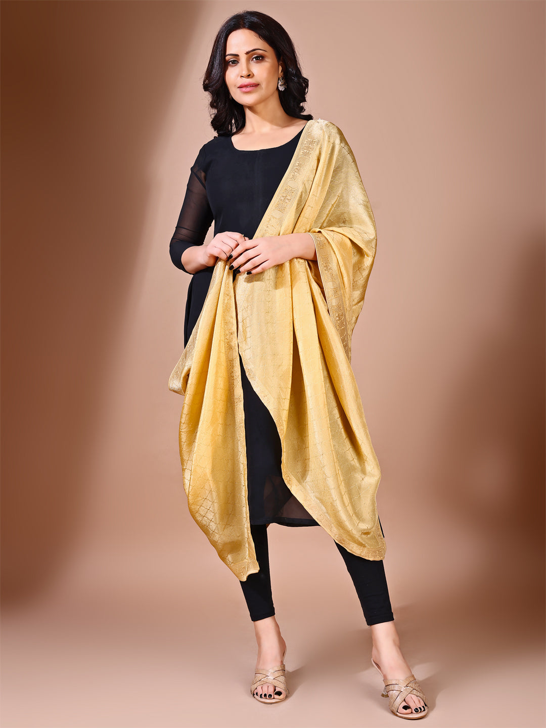 Front view of golden essence dupatta, offering a simple yet sophisticated look for wedding ceremonies.