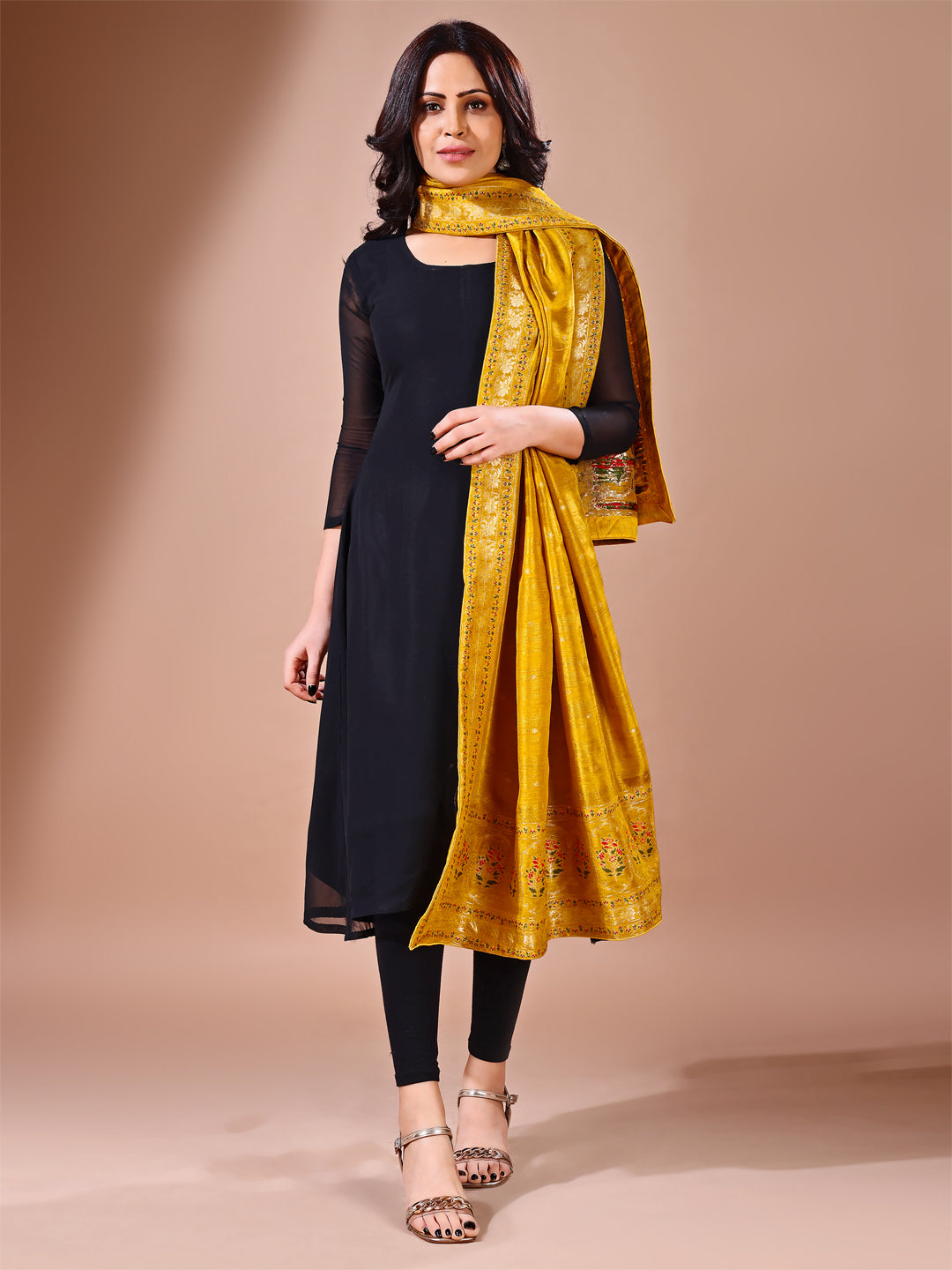 Front view of mustard Banarasi bridal dupatta, ideal for wedding ceremonies.