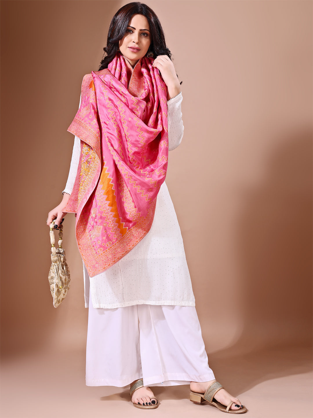 Side pose showcasing the pink bridal dupatta, designed for weddings and special occasions.