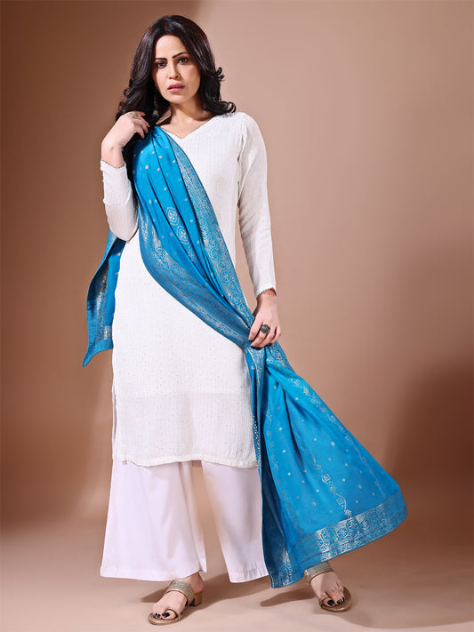 Front view of rama blue Banarasi bridal dupatta, ideal for wedding ceremonies.