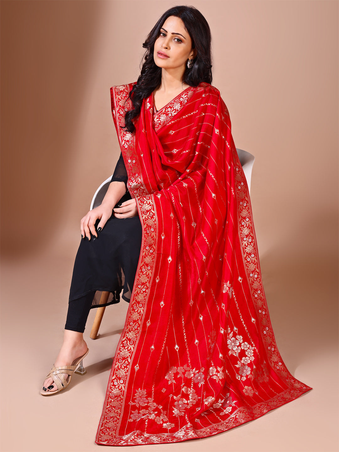 Back view of model wearing red bridal Banarasi dupatta, perfect for weddings.