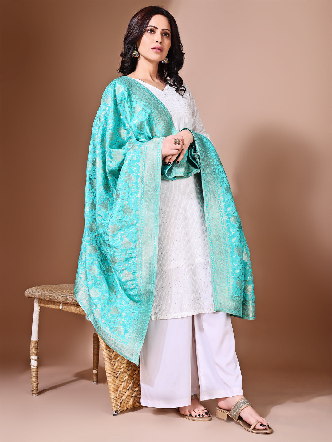 Side view of sea green Banarasi dupatta, showcasing the luxurious silk and intricate design, suitable for ceremonies.