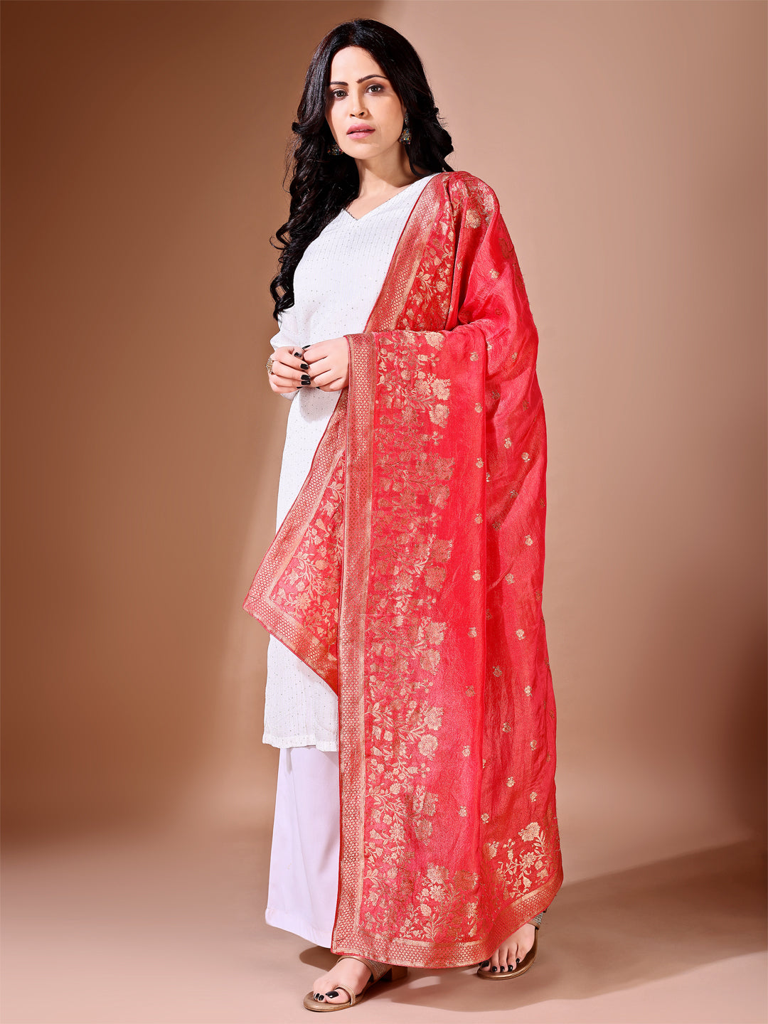 Side pose showcasing the toamto bridal dupatta, designed for weddings and special occasions.