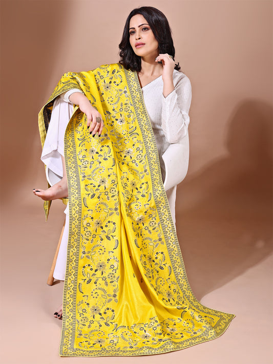 Side pose showcasing the yellow bridal dupatta, designed for weddings and special occasions.