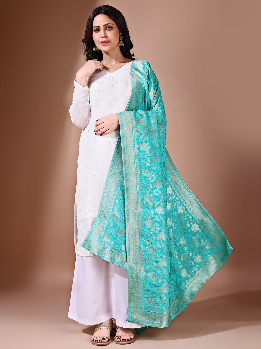 Front view of sea green Banarasi silk dupatta, perfect for weddings and festive occasions.