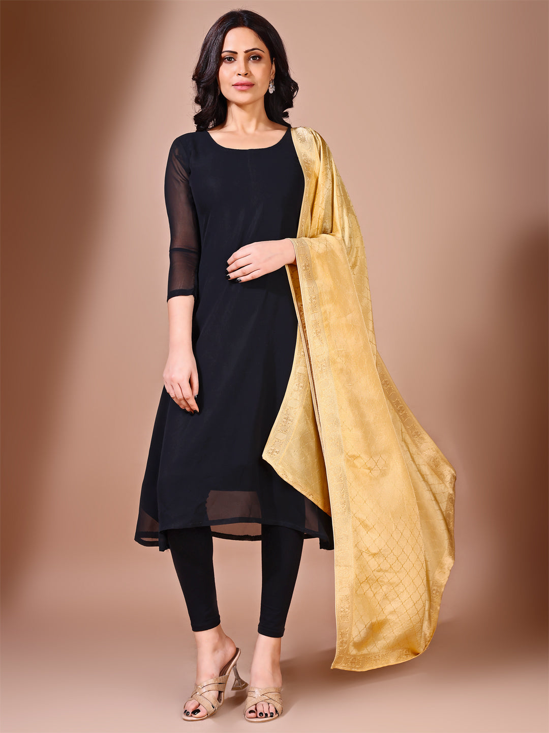 Side view of golden dupatta, showcasing its elegant drape and sophisticated simplicity, perfect for parties.