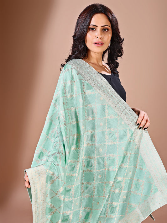 Back view of model wearing green bridal Banarasi dupatta, perfect for weddings.