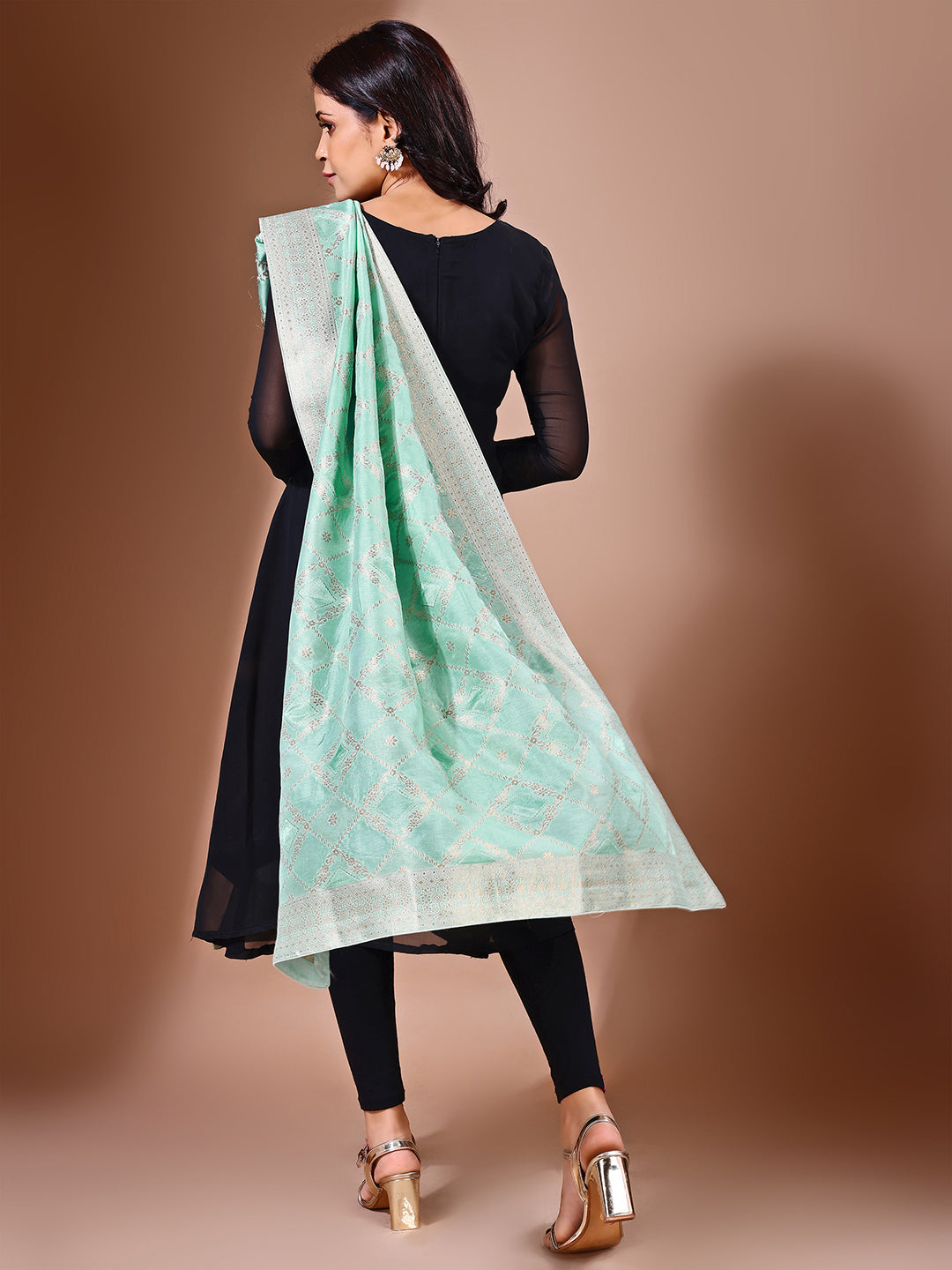 Model in a fancy pose wearing a green Banarasi bridal dupatta, ideal for wedding wear.