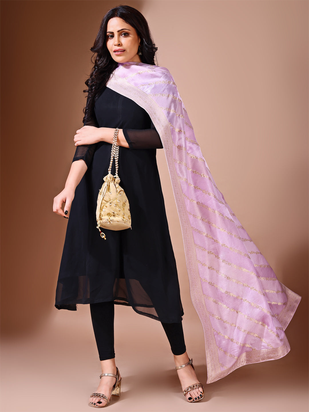 Side pose showcasing the lavender bridal dupatta, designed for weddings and special occasions.