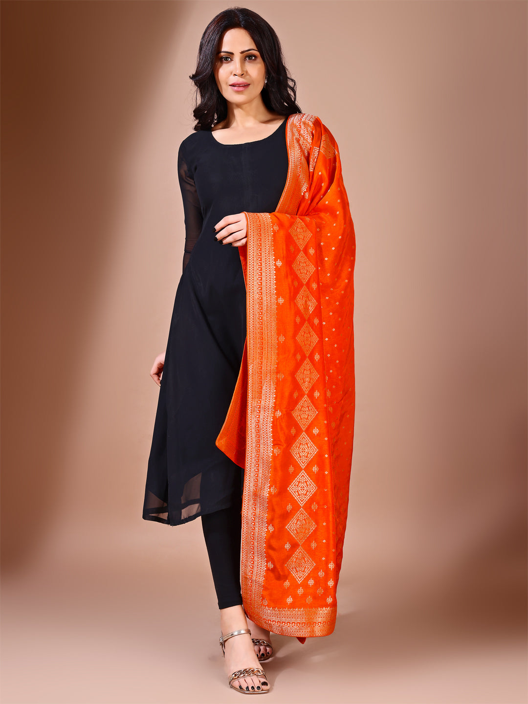 Front view of orange Banarasi bridal dupatta, ideal for wedding ceremonies.