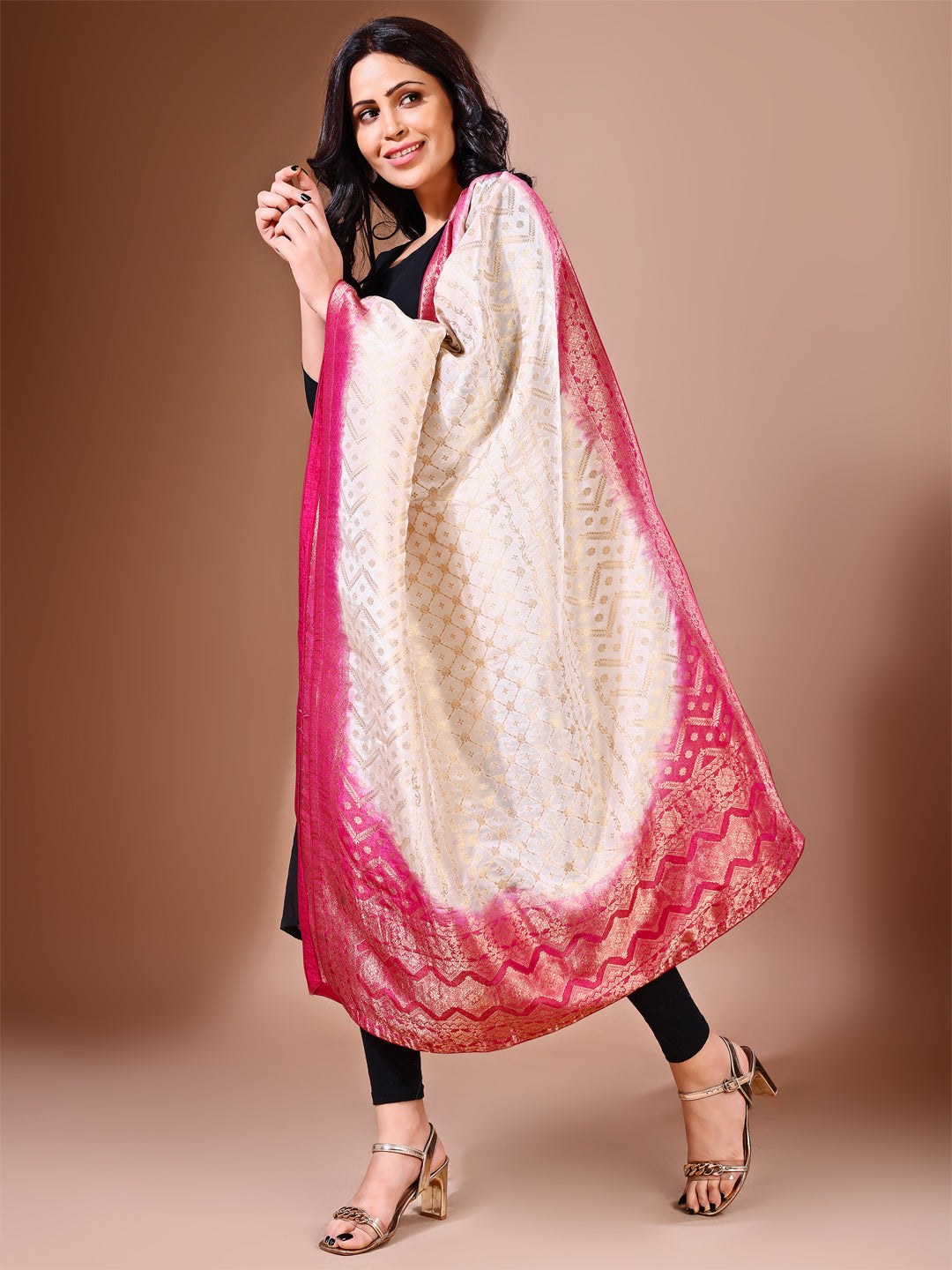 Side pose showcasing the pink bridal dupatta, designed for weddings and special occasions.