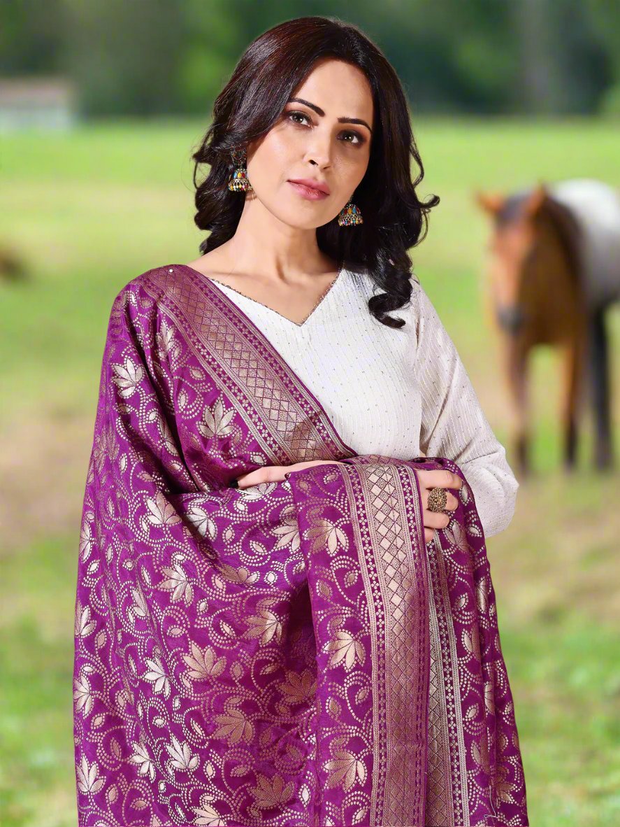 Back view of model wearing purple bridal Banarasi dupatta, perfect for weddings.