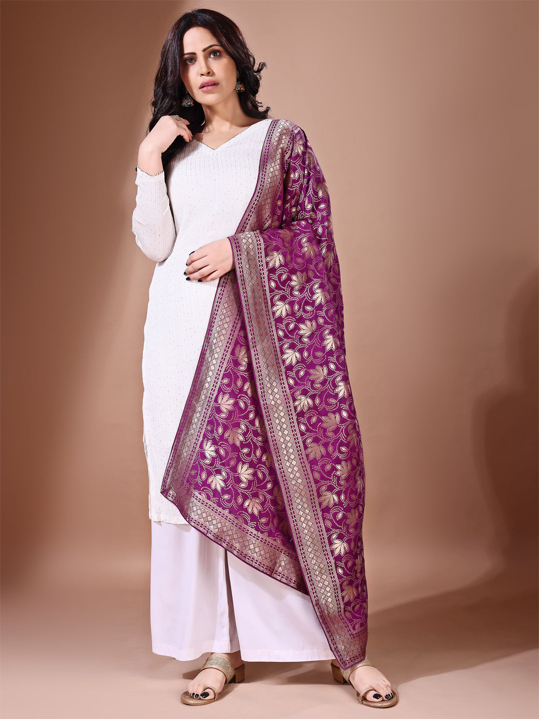 Side pose showcasing the purple bridal dupatta, designed for weddings and special occasions.