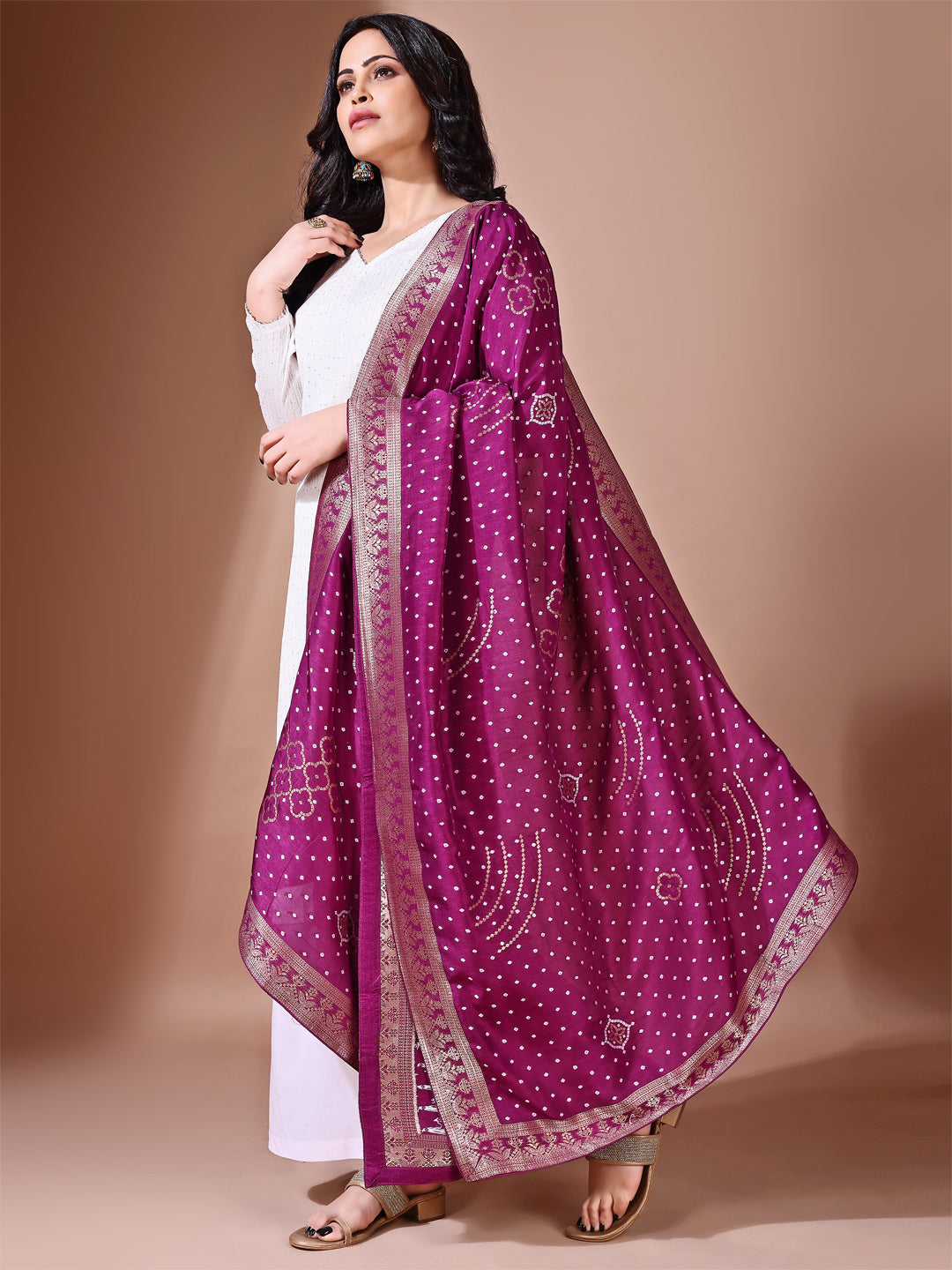 Side pose showcasing the purple bridal dupatta, designed for weddings and special occasions.