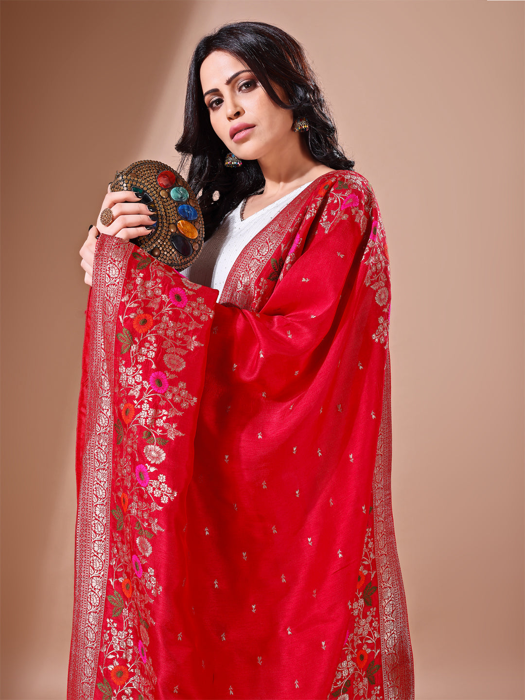 Back view of model wearing red bridal Banarasi dupatta, perfect for weddings.