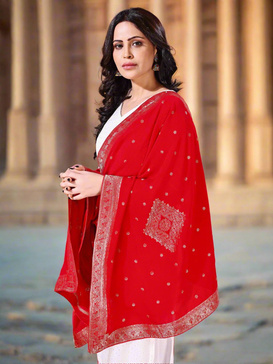 Back view of model wearing red bridal Banarasi dupatta, perfect for weddings.