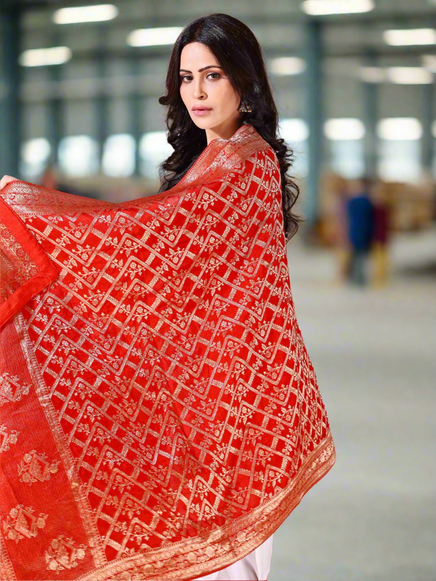 Back view of model wearing rust bridal Banarasi dupatta, perfect for weddings.