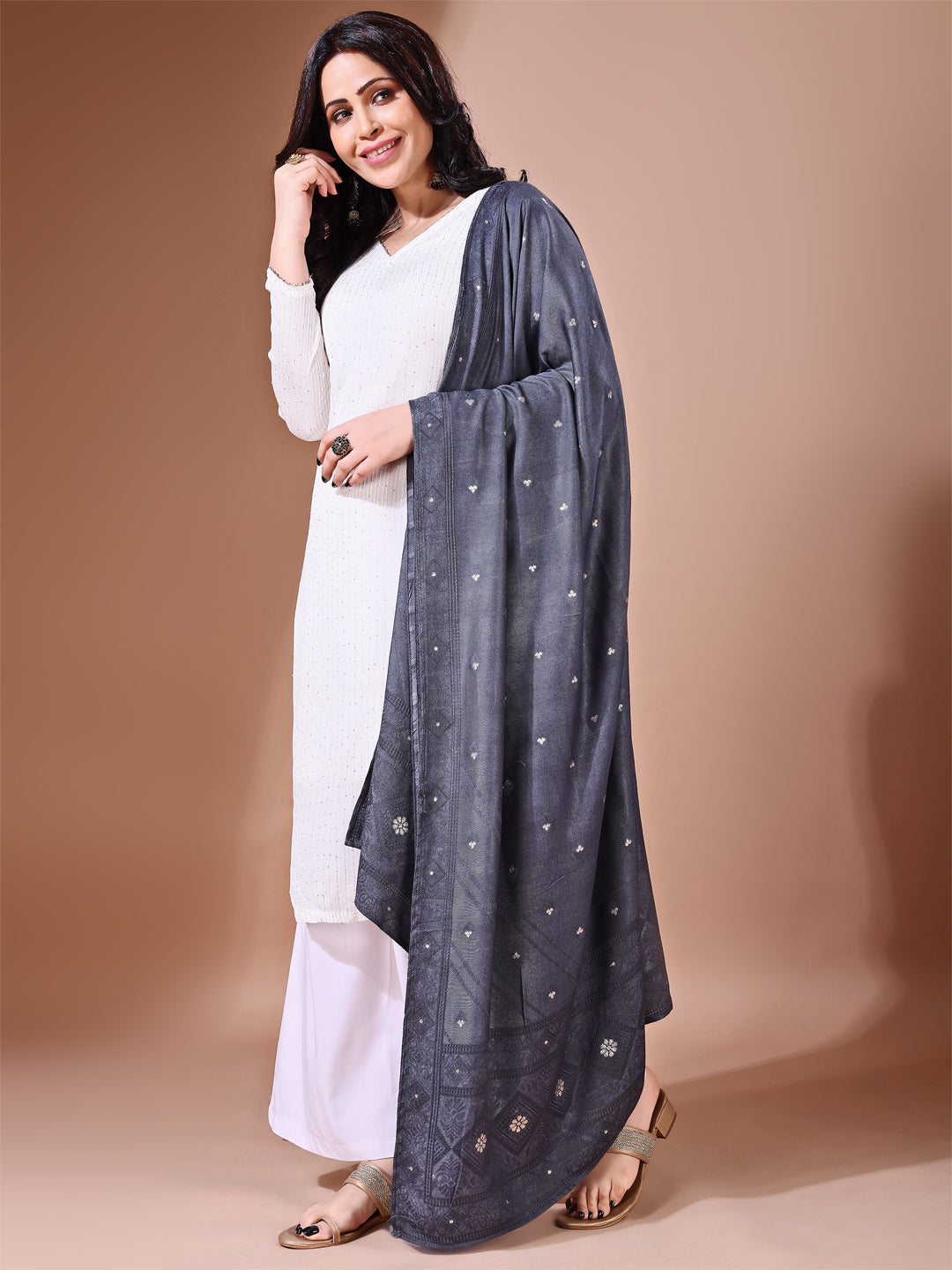 Front view of grey Banarasi bridal dupatta, ideal for wedding ceremonies.