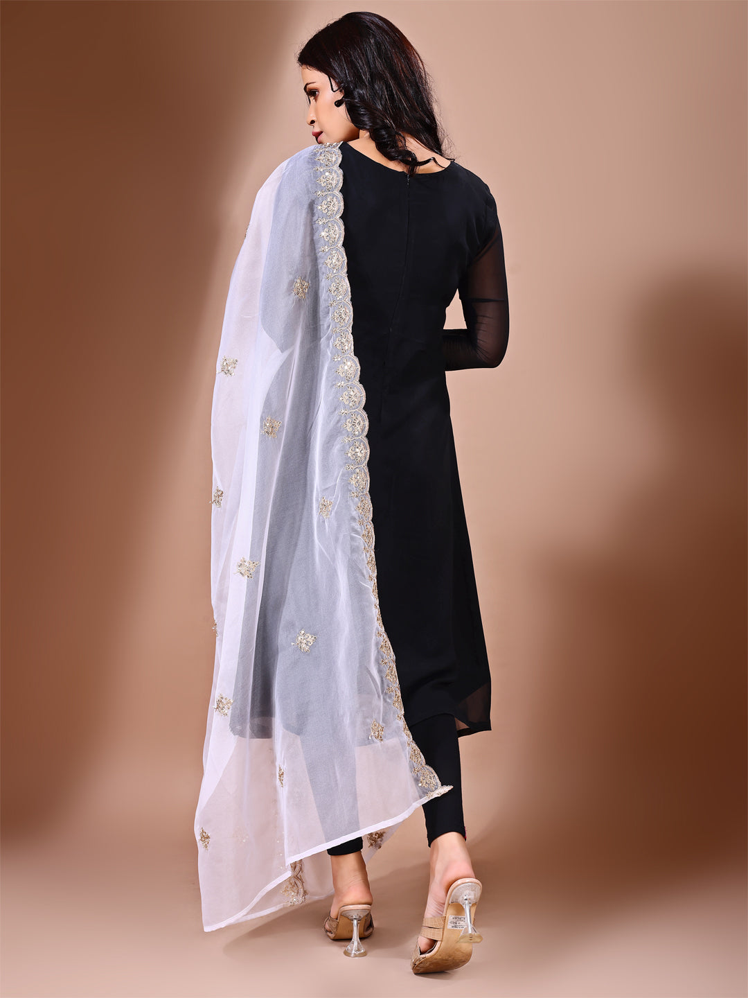 Fancy pose with white floral embroidered dupatta, ideal for festive and wedding celebrations.