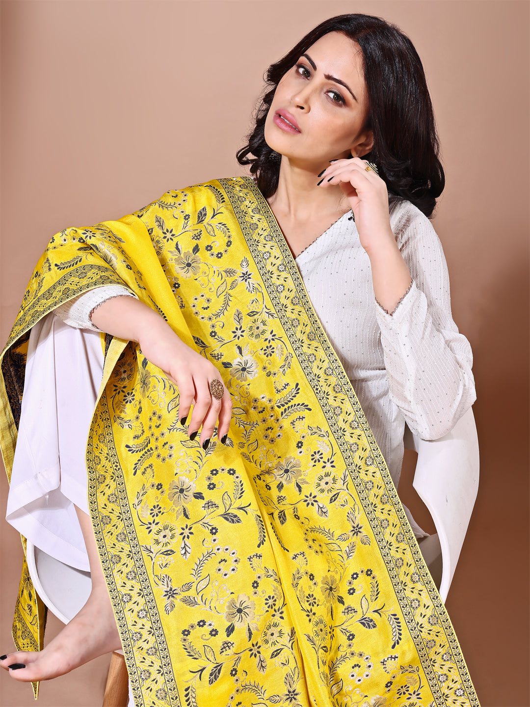 Back view of model wearing yellow bridal Banarasi dupatta, perfect for weddings.