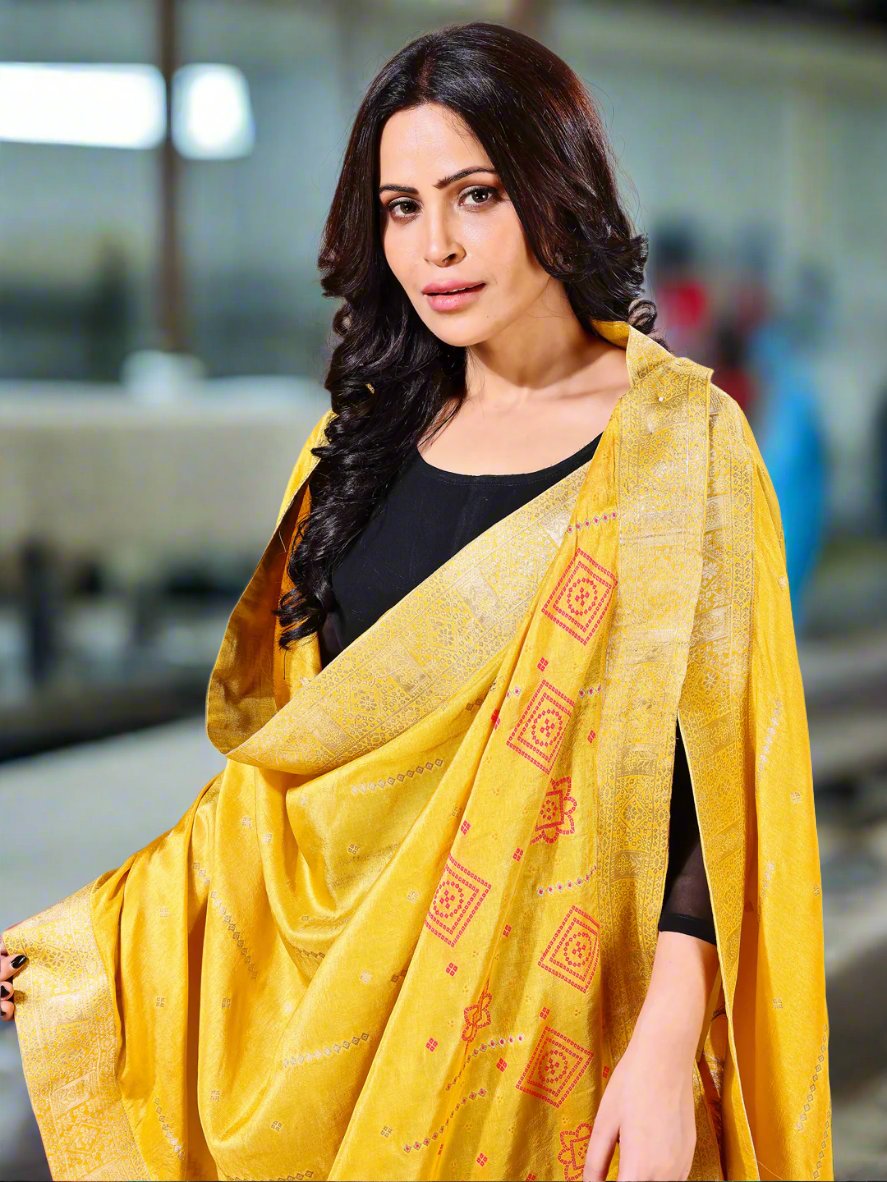 Back view of model wearing yellow bridal Banarasi dupatta, perfect for weddings.