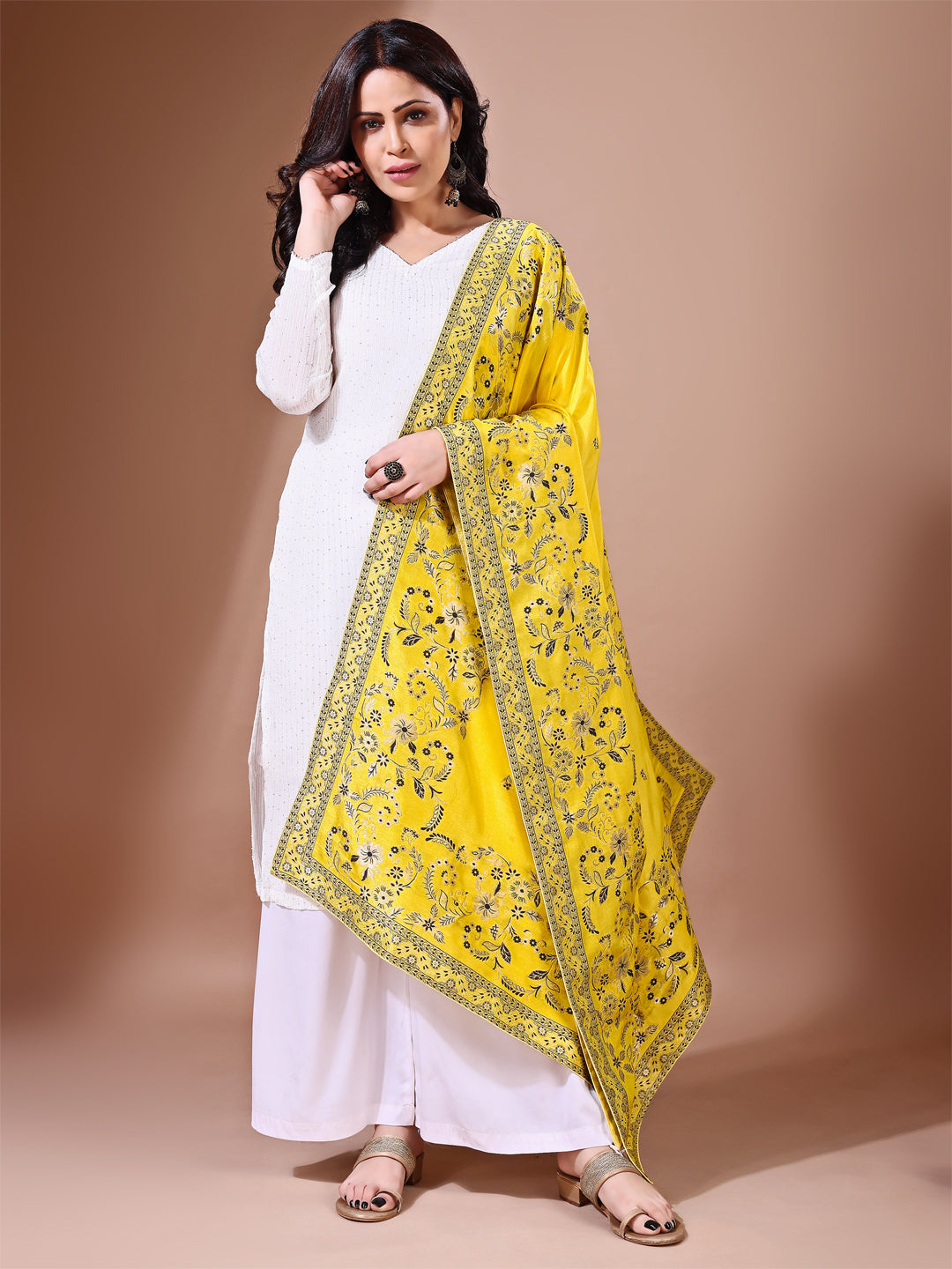 Close-up shot of yellow Banarasi bridal dupatta with intricate zari work, perfect for weddings.